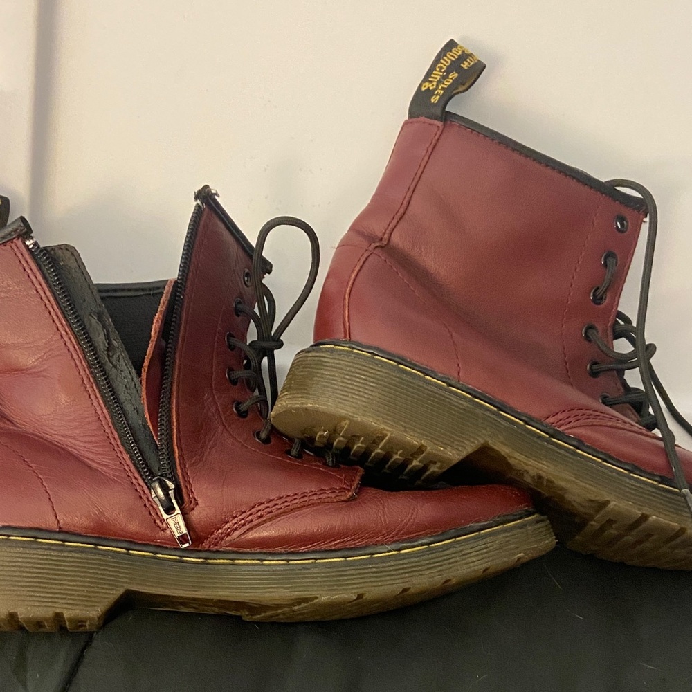 Dr. Martens Burgundy Leather Lace-Up Boots with Side Zipper
